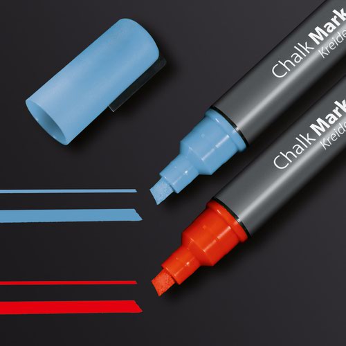 GL183 | The two chalk markers 50 in blue and red, with a 1-5 mm chisel tip, write with opaque liquid chalk and are suitable for use on smooth glass and sealed surfaces. The water-based chalk can be erased with a damp or dry cloth.