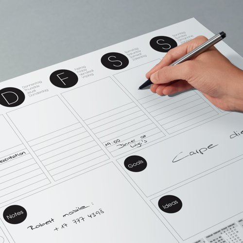 SIGEL's tear-off paper desk pad is decorative, practical, and protects your desk from ink and hot cups, both in your on-site office and home office. Quality made in Germany - the paper desk pad ”Weekly Planner” with calendar for 2 years (DE, EN, FR, NL) in the A3 format (42 x 29,7 cm) provides protection, plenty of space for writing on its 30 sheets, and is extremely durable.