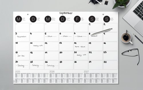 SIGEL's tear-off paper desk pad is decorative, practical, and protects your desk from ink and hot cups, both in your on-site office and home office. Quality made in Germany - the paper desk pad ”Monthly Planner” with calendar for 3 years (DE, EN, FR, NL) in the approx. A2 format (59,5 x 41 cm) provides protection, plenty of space for writing on its 12 sheets, and is extremely durable.