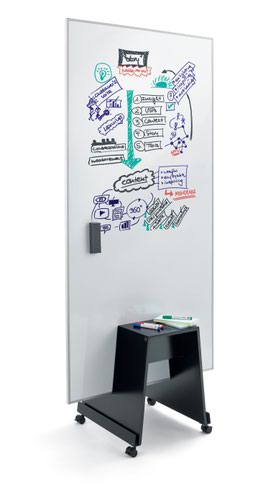 MU020 | The Meet up product range makes project work and teamwork more transparent, flexible and efficient. The portable whiteboard is perfect for spontaneous, uncomplicated meetings or workshops, even when there is no fixed meeting room available. It is extremely versatile when used in connection with agile, creative working methods, e.g. Brainstorming, Scrum, Kanban or Design Thinking. The white coated metal surface can be written on with non-permanent markers, is easy to wipe clean, static notes adhere with electrostatic charge, sticky notes can be attached, and the board is also magnetic. As well as this, this practical, flexible multipurpose board for double-sided use has a light but sturdy honeycomb core and a high-quality aluminium frame. The product dimensions are 90x180 cm. To work with the Meet up whiteboard, you can lean it against the wall, insert a single board or two boards into the stand (accessories) or place it in the wall track (accessories). The board comes with silicone pads that can be used to ensure a secure hold against the wall if extra stability is required. There are numerous great accessories and consumables to go with the Meet up whiteboard that support the use of agile, creative working methods. These include presentation cards, static notes, adhesive dots, marker pens, magnets, cleaning products, swimlanes and much more besides (available to purchase separately or as a set in a fully equipped toolbox). Meet up is the complete board system for agile, creative working. Ideas to go. Anywhere. Anytime.