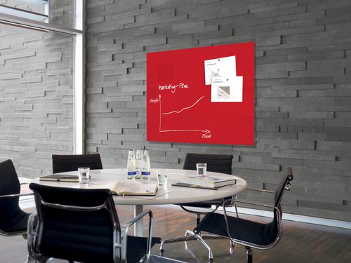 GL212 | As an agile tool, the large magnetic glass boards are ideal for creative brainstorming sessions and contemporary work methods such as Scrum, Kanban, Design Thinking and much more besides. The magnetic glass board in 120 x 90 cm format in red is the perfect setting for your ideas and eye-catching on any wall.Box contents: 1x Glass whiteboard, screws, anchors for solid walls, mounting instructions incl. drilling template, 2 extra-strong SuperDym magnets GL705 (silver, cube design)