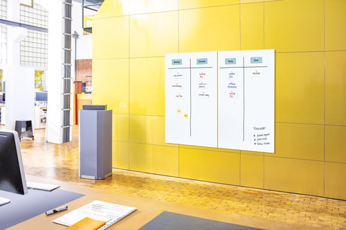 As an agile tool, the large magnetic glass boards are ideal for creative brainstorming sessions and contemporary work methods such as Scrum, Kanban, Design Thinking and much more besides. Magnetic board in the 150 x 100 cm format in white with minimal glare or reflection. The super-white magnetic glass boards from the SIGEL range do not have a green shimmer.Box contents: 1x Magnetic Glass Board, screws, anchors for solid walls, mounting instructions incl. drilling template, 2 extra-strong SuperDym magnets GL705 (silver, cube design)