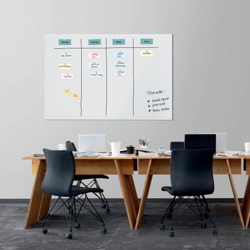 As an agile tool, the large magnetic glass boards are ideal for creative brainstorming sessions and contemporary work methods such as Scrum, Kanban, Design Thinking and much more besides. Magnetic board in the 150 x 100 cm format in white with minimal glare or reflection. The super-white magnetic glass boards from the SIGEL range do not have a green shimmer.Box contents: 1x Magnetic Glass Board, screws, anchors for solid walls, mounting instructions incl. drilling template, 2 extra-strong SuperDym magnets GL705 (silver, cube design)