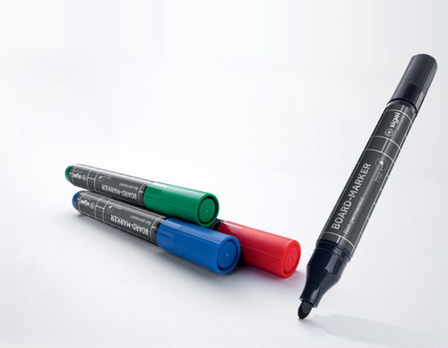 BA010 | The pens from the SIGEL range come in strong, bright colours, ideal for writing on smooth surfaces in the office, home office and around the home. The easy-to-erase board marker (black, blue, red, green, odourless ink, free from toluene and xylene, 4 pens in a set) with a round nib for fast, smooth writing can be used for white glass magnet boards, whiteboards and flipcharts.Box contents: 4x Glassboard markers (BA010)