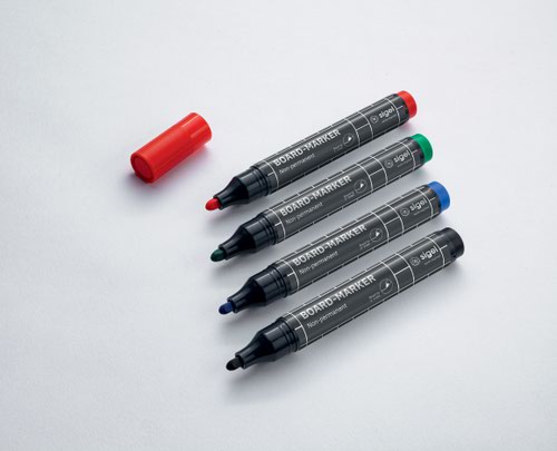 BA010 | The pens from the SIGEL range come in strong, bright colours, ideal for writing on smooth surfaces in the office, home office and around the home. The easy-to-erase board marker (black, blue, red, green, odourless ink, free from toluene and xylene, 4 pens in a set) with a round nib for fast, smooth writing can be used for white glass magnet boards, whiteboards and flipcharts.Box contents: 4x Glassboard markers (BA010)