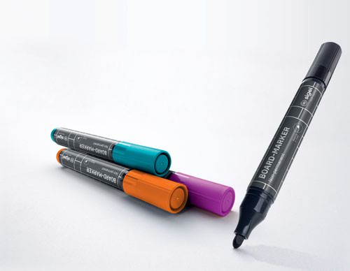 BA011 | The pens from the SIGEL range come in strong, bright colours, ideal for writing on smooth surfaces in the office, home office and around the home. The easy-to-erase board marker (black, turquoise, magenta, orange, odourless ink, free from toluene and xylene, 4 pens in a set) with a round nib for fast, smooth writing can be used for white glass magnet boards, whiteboards and flipcharts.Box contents: 4x Glassboard markers (BA011)