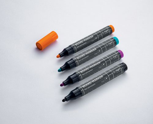 BA011 | The pens from the SIGEL range come in strong, bright colours, ideal for writing on smooth surfaces in the office, home office and around the home. The easy-to-erase board marker (black, turquoise, magenta, orange, odourless ink, free from toluene and xylene, 4 pens in a set) with a round nib for fast, smooth writing can be used for white glass magnet boards, whiteboards and flipcharts.Box contents: 4x Glassboard markers (BA011)