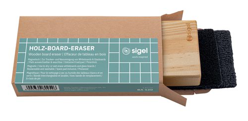BA120 | SIGEL board accessories are ideal for agile, creative work on whiteboards, magnetic glass boards and pinboards.Wooden board eraser, beige, magnetic, for whiteboards and glass magnetic boards, for dry erasing complete with  1 replacement pad. Removes ink quickly and dry. 