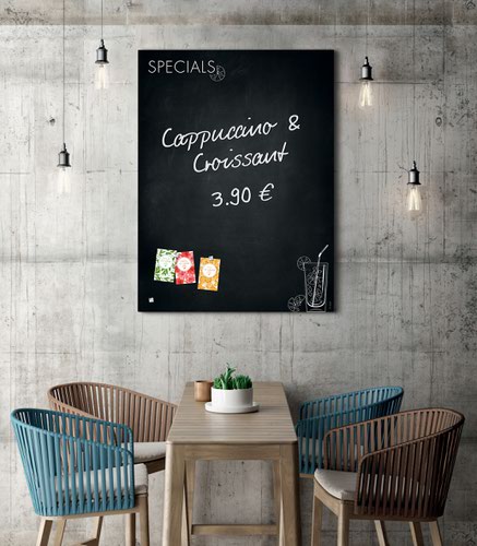 11710SG | This contemporary Artverum magnetic glass board can be written on, making it ideal for the striking presentation of food and beverages, menus or specials in any restaurant or catering establishment. The matt magnetic glass board in the 90 x 120 cm format, Happy Hour design in black, white is bound to impress due to its colour brilliance and absolute sharpness of detail. The matt surface minimises glare and there is practically no reflection from any angle, even in difficult lighting conditions.Box contents: 1x Magnetic glass board, screws, anchors for solid walls, mounting instructions incl. drilling template, 2 extra-strong SuperDym magnets GL705 (silver, cube design)