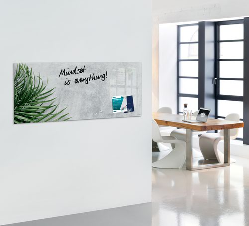 GL298 | The Artverum magnetic glass board with its writable surface is the modern alternative to a pinboard. This designer magnetic glass board adds a special decorative touch to any room. The magnetic glass board in 130 x 55 cm format, Botanic design in grey, green, is the perfect setting for your ideas and eye-catching on any wall.Box contents: 1x Magnetic Glass Board, screws, anchors for solid walls, mounting instructions incl. drilling template, 2 extra-strong SuperDym magnets GL705 (silver, cube design)