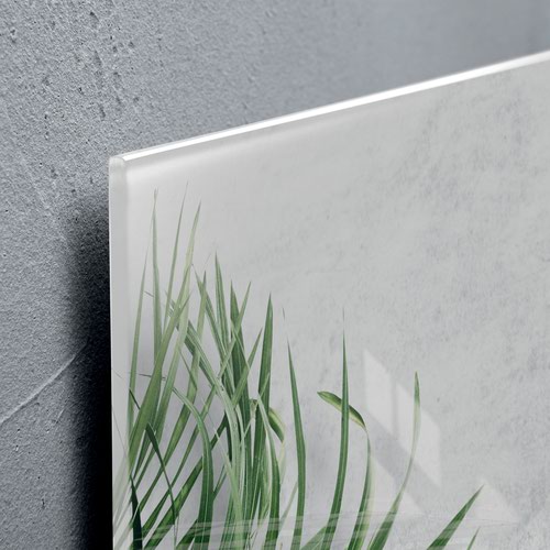 GL298 | The Artverum magnetic glass board with its writable surface is the modern alternative to a pinboard. This designer magnetic glass board adds a special decorative touch to any room. The magnetic glass board in 130 x 55 cm format, Botanic design in grey, green, is the perfect setting for your ideas and eye-catching on any wall.Box contents: 1x Magnetic Glass Board, screws, anchors for solid walls, mounting instructions incl. drilling template, 2 extra-strong SuperDym magnets GL705 (silver, cube design)