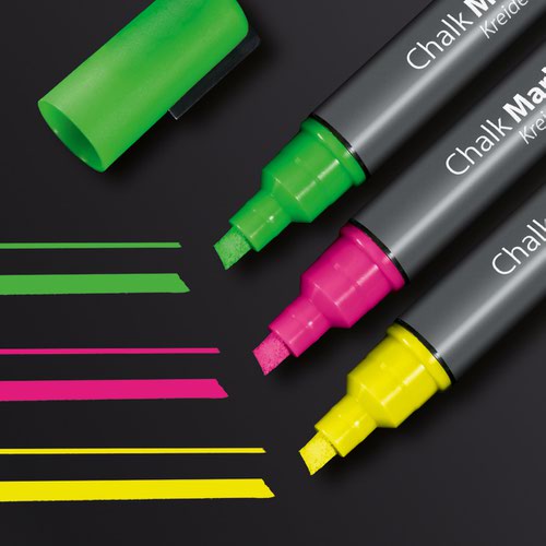 GL182 | The three chalk markers 50 in pink, green and yellow with the 1-5 mm chisel tip write with opaque liquid chalk and are suitable for use on smooth glass and sealed surfaces. The water-based chalk can be wiped off with a damp or dry cloth.