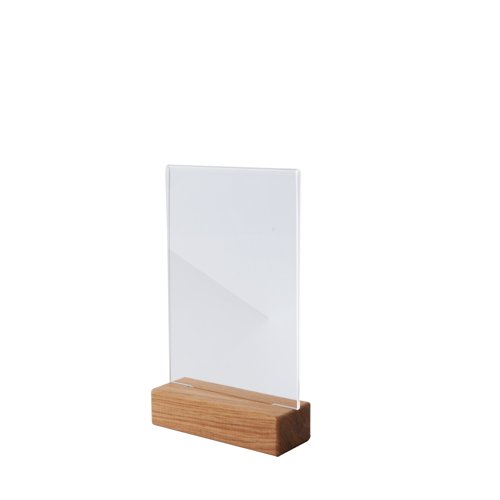 Table-top display frame upright double-sided presentation wooden base crystal clear/brown acrylic oak : 1.5mm/ Filling format: A6 105x175x40mm.