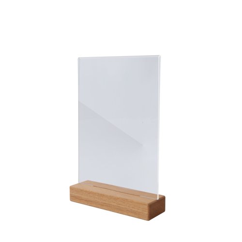 Table-top display frame upright double-sided presentation wooden base crystal clear/brown acrylic oak : 1.5mm/ Filling format: A5 150x235x47mm.