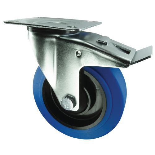 Blue rubber tyred wheel, plate fixing - swivel with total-stop brake