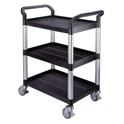 Three tier plastic utility tray trolleys with open sides and ends with 3 standard black shelves