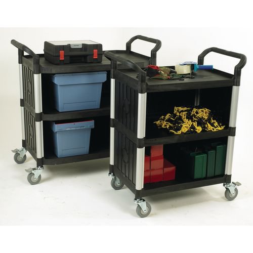 SBY05625 | With sleek black sides and a polished chrome finish frame, this trolley makes a great impression and is ideal for front of house use.  Fill it up with up to 200kg of catering supplies and it still glides smoothly on the four rubber-tyred swivel castors. The sturdy plastic frame is enclosed on three sides and open on one for easy access to the interior shelves. This trolley sits on 4 x 100mm castors, 2 of which have brakes and measures 750 x 460 x 980mm.