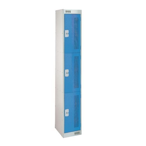3 Door Perforated Locker - 1800H X 300W X 450D mm - Cam Lock - Door Colour Blue