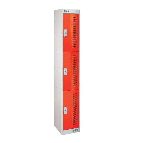 3 Door Perforated Locker - 1800H X 300W X 450D mm - Cam Lock - Door Colour Red