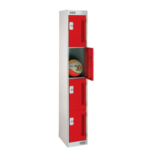 4 Door Perforated Locker - 1800H X 300W X 450D mm - Cam Lock - Door Colour Red