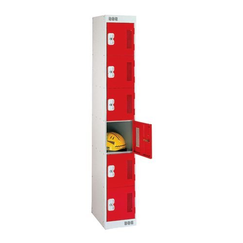 6 Door Perforated Locker - 1800H X 300W X 450D mm - Cam Lock - Door Colour Red