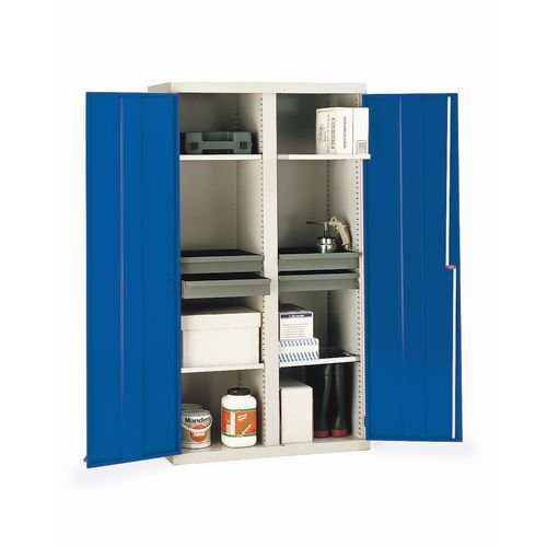 Single & double door utility cupboards  Double door, central pillar, 4 shelves, 4 drawers - choice of four colours
