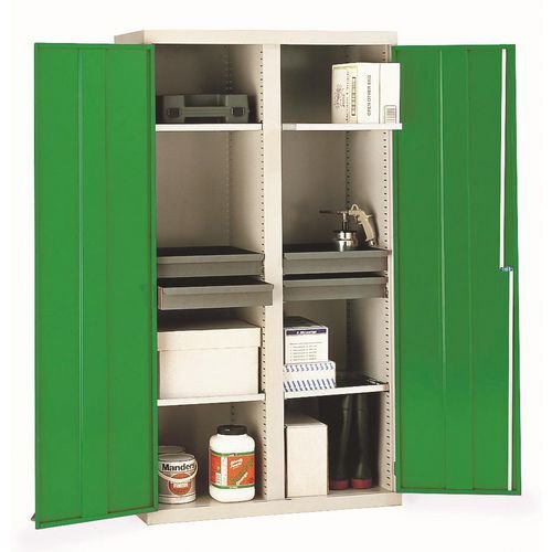 Single & double door utility cupboards  Double door, central pillar, 4 shelves, 4 drawers - choice of four colours