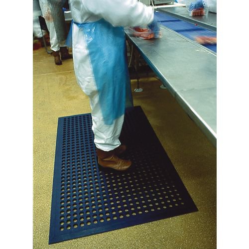Manufactured from hard wearing black rubber, this worksafe mat is ideal for use in even heavy industrial environments. With a unique underside design to prevent slippage, the mat is perforated to allow oil, grease and debris to fall through and has moulded bevelled edges. The mat is 900x1500mm in size and 16mm thick.