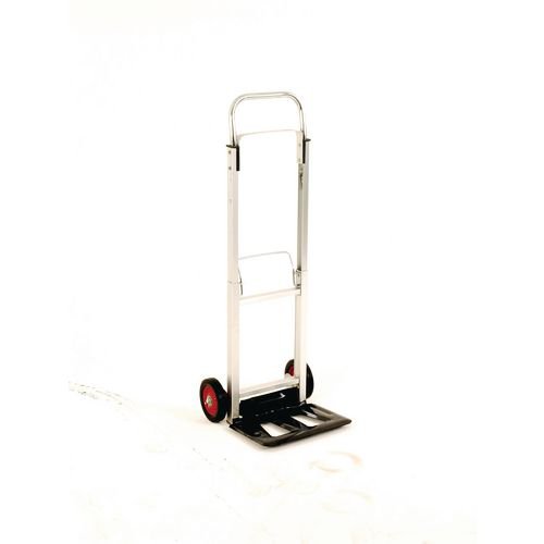 This compact hand truck has a telescopic handle for ease of use and a folding footiron for more convenient storage. The two wheels allow for smooth transportation and are specially designed not to mark your floor. This truck is constructed from lightweight aluminium, providing excellent durability and has a maximum load capacity of 90kg. The truck measures W380 x D410 x H1100mm and folds to a more compact W380 x D190 x H730mm for storage when not in use.