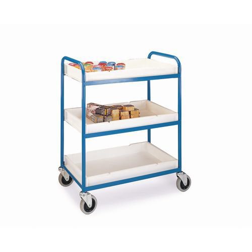 Plastic tray trolley with 3 shelves
