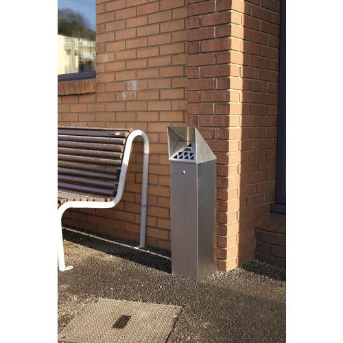 SBY08763 | Particularly useful for designated smoking areas outside offices, public buildings and hospitals, this hooded top 6.6 litre bin will help you to control cigarette littering around your workplace. The inner collection tray will help to reduce smoke and odour emissions, while the hooded top prevents rainwater from getting inside. The bin is made from satin brushed stainless steel, providing an attractive and sophisticated finish and maintaining standards for outside areas of your business.