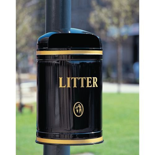 Victorian style steel post & wall mounted hooded top litter bin post mounted