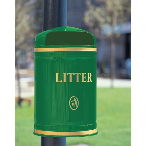 Victorian style steel post & wall mounted hooded top litter bin post mounted