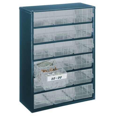 Sort and store a multitude of tools, parts, accesories and other small items with this 6 drawer storage unit. The frame is constructed from high quality steel with a sleek grey enamel finish. The drawers are made from clear polycarbonate, so you can easily identify the contents for quick access. You can use it free-standing, mounted on a wall or fitted to a rack unit beneath. Use for organised storage in workshops, factories and warehouses. This model measures 420mm high and comes with 18 drawers.