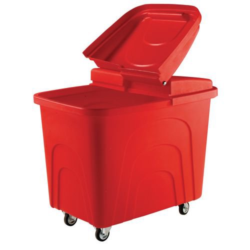 Slingsby robust rim tapered plastic container trucks, with lids, red castors  in  corner pattern