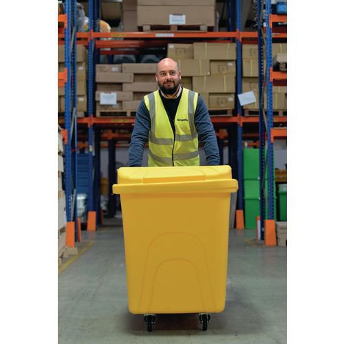 Slingsby robust rim tapered plastic container trucks, with lids, yellow castors  in  corner pattern