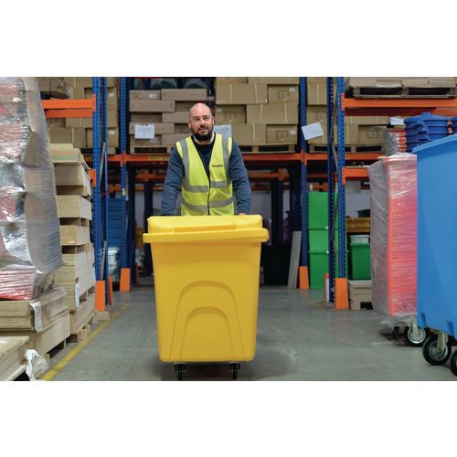 Slingsby robust rim tapered plastic container trucks, with lids, yellow castors  in  corner pattern