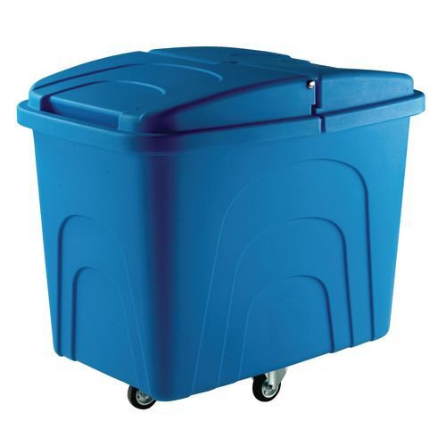 Slingsby robust rim tapered plastic container trucks, with lids, blue castors in diamond pattern