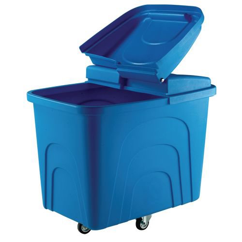 Slingsby robust rim tapered plastic container trucks, with lids, blue castors in diamond pattern