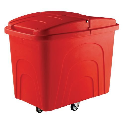 Slingsby robust rim tapered plastic container trucks, with lids, red castors in diamond pattern