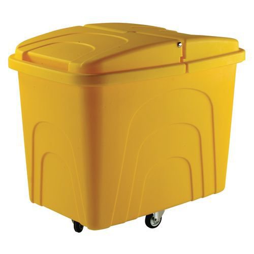 Slingsby robust rim tapered plastic container trucks, with lids, yellow castors in diamond pattern