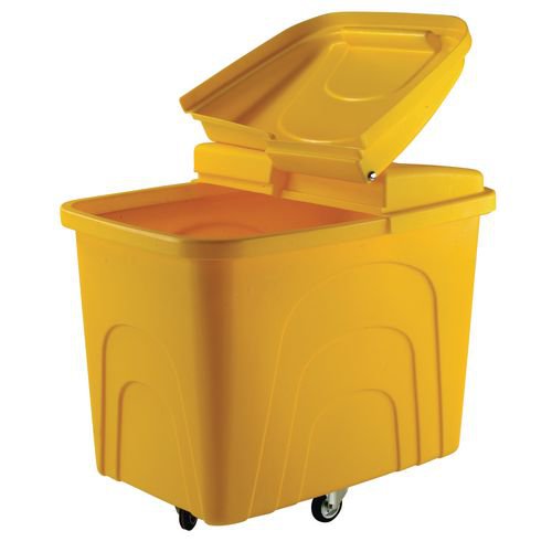 Slingsby robust rim tapered plastic container trucks, with lids, yellow castors in diamond pattern