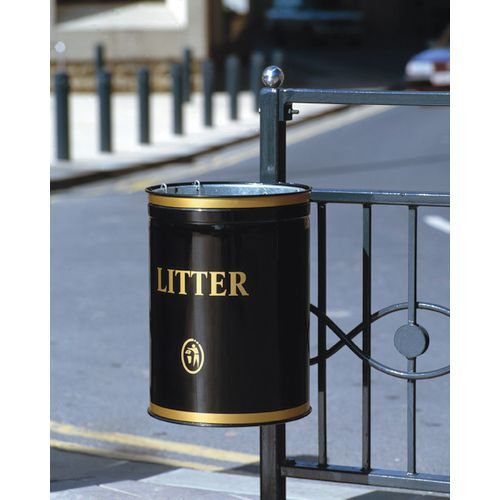 Victorian style steel post & wall mounted open top litter bin post mounted