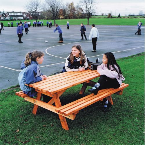 Wooden outdoor picnic tables