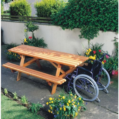 Wooden outdoor picnic tables