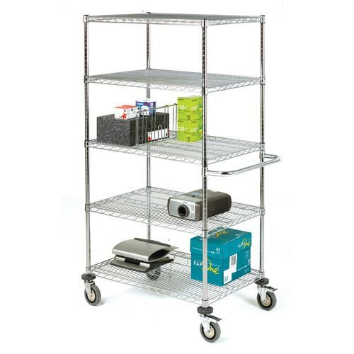 Adjustable chrome wire shelf trolleys, 5 shelves - shelf L x W x 1219 x 457mm