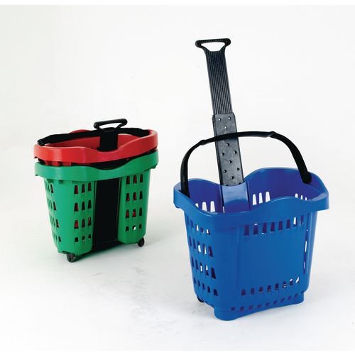 Large plastic wheeled shopping basket, blue