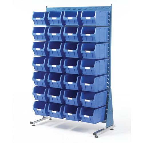 Single-sided louvre panel racks, with 28 blue bins