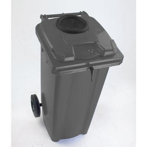 Two wheeled bins with special apertures - 2 wheeled bins with bottle bank aperture and standard lid lock