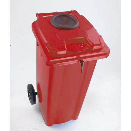 Two wheeled bins with special apertures - 2 wheeled bins with bottle bank aperture and standard lid lock